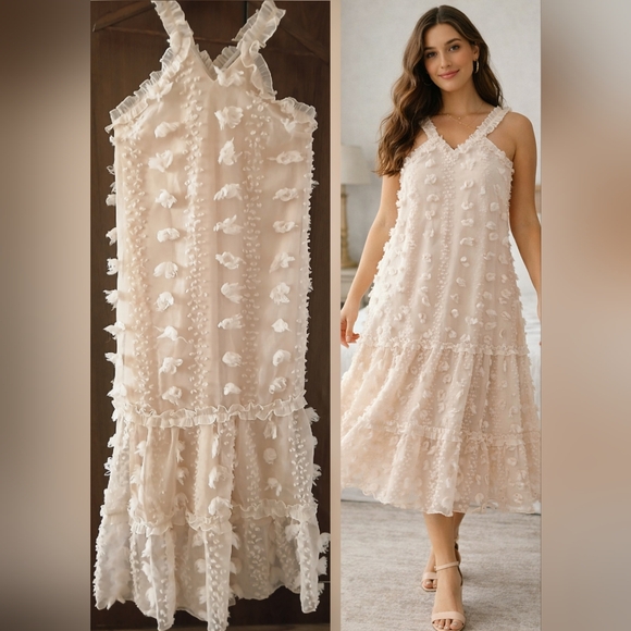 Women's BLUSH 3D Floral TEXTURED Tiered MIDI Easter DRESS Boho Sleeveless Size S - Picture 16 of 16